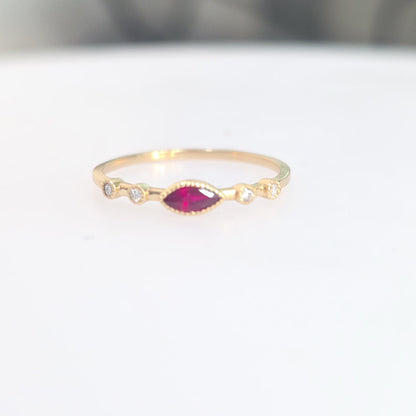 14K Yellow Gold Genuine Ruby & Lab Grown Diamond Marquise Ring – Size 7