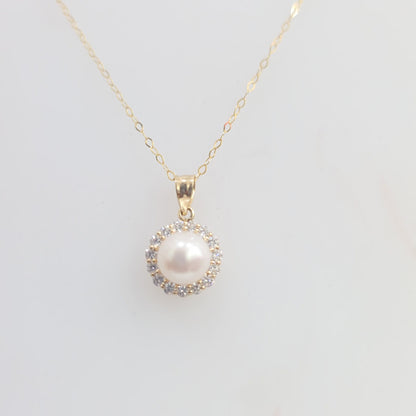 14K Yellow Gold Pearl & Diamond Halo Pendant Necklace