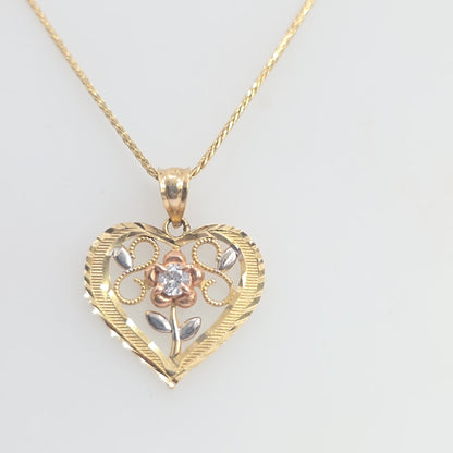 14K Yellow Gold Two-Tone Heart Flower Pendant Necklace 18" Chain 3.67g