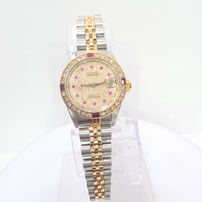 Pre-Owned Rolex Datejust 26mm Steel & Gold Ladies Watch with Aftermarket Diamond & Ruby Dial