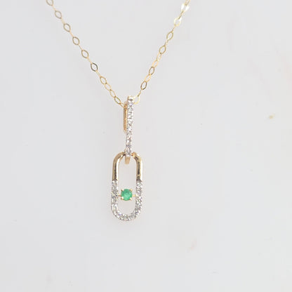 0.10ctw Diamond and 1.8MM Round Natural Emerald Paper Clip Necklace