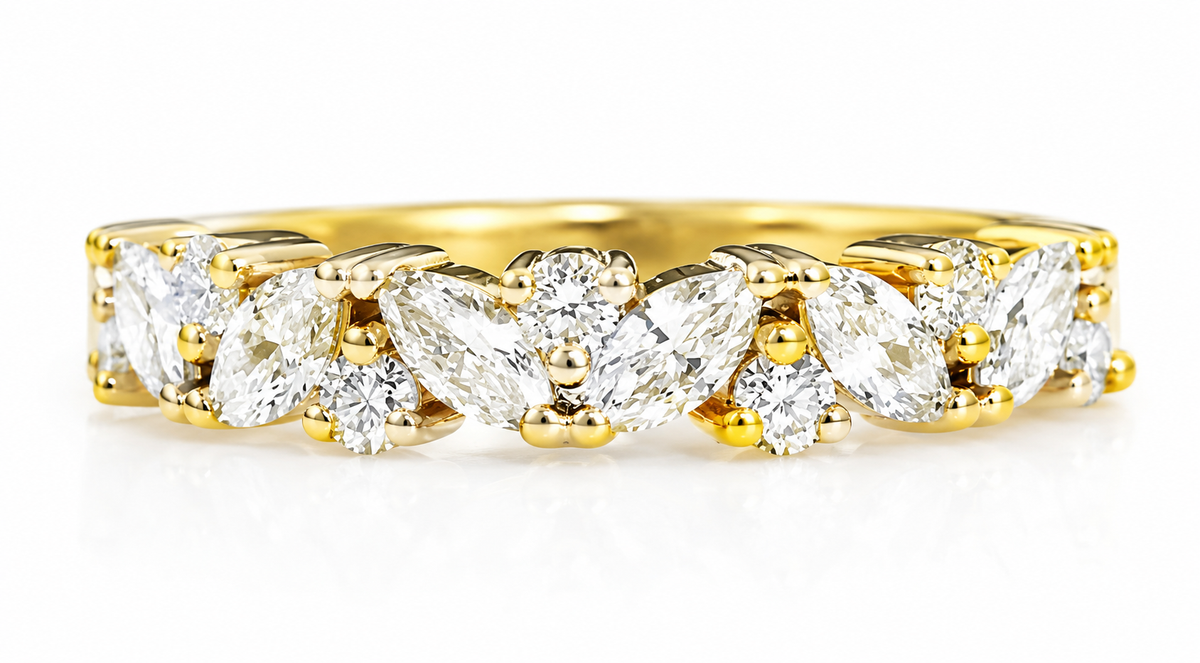 14KT Yellow Gold Marquise & Round Lab Grown Diamond Band | 0.70 CTW Diamond Ring | Stackable Wedding Band | Anniversary Gift