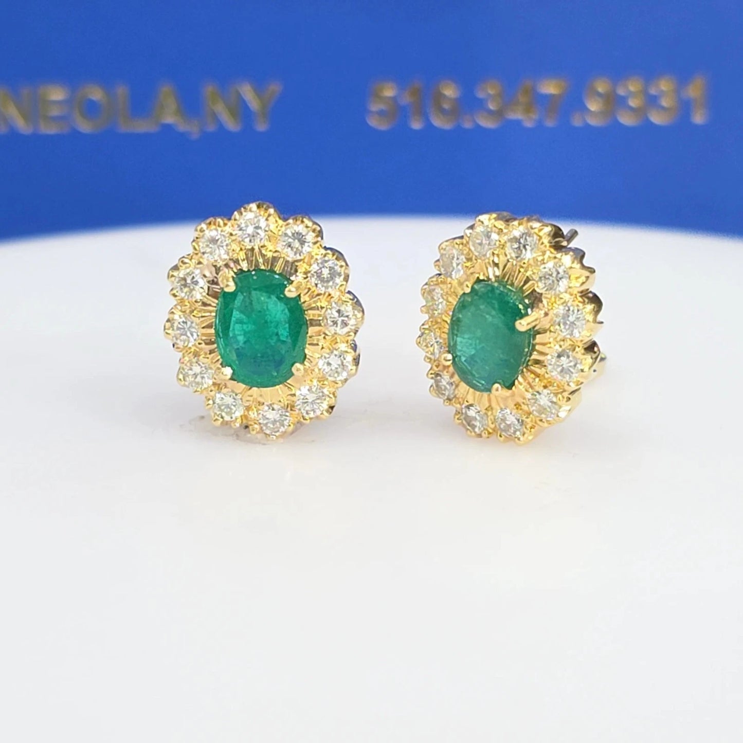 Vintage Estate Emerald & Diamond Halo Earrings – 18K Yellow Gold | 3.50 CTW Emerald | 1.20 CTW Diamonds