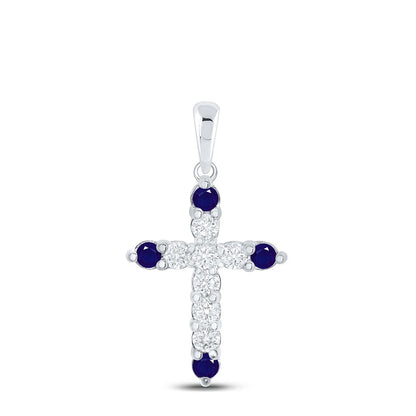 10K White Gold Natural Blue Sapphire & Diamond Cross Pendant – 0.25 CTW
