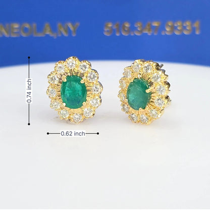 18K Yellow Gold Natural Emerald & Diamond Halo Lever Back Earrings | 4.83 CTW