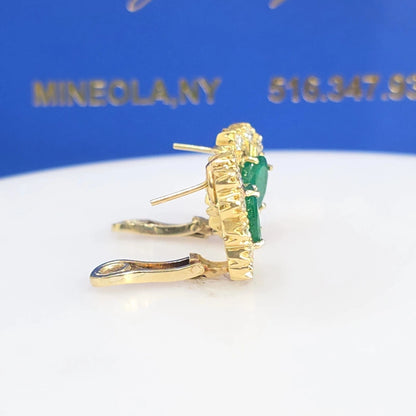 18K Yellow Gold Natural Emerald & Diamond Halo Lever Back Earrings | 4.83 CTW